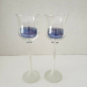 PartyLite Iced Crystal Stem Votive Tealight Candle Holders Frosted Stem Set of 2
